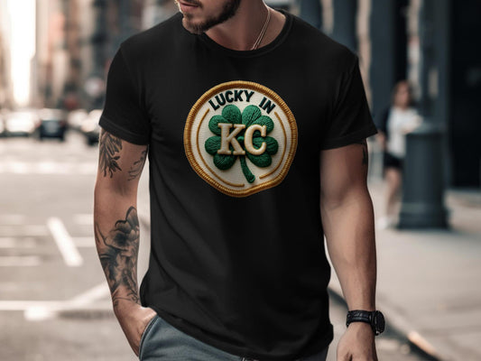 Lucky in KC T-shirt, St. Patrick's Day shirt, Men's graphic tee, Urban streetwear, Shamrock logo shirt, Trendy casual wear
