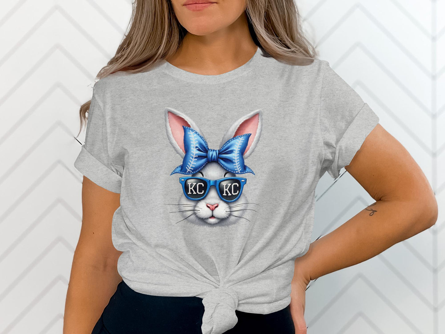 Bunny graphic tee, Blue bow sunglasses, Cute rabbit shirt, Casual fun top, Women's spring summer fashion, Graphic animal t-shirt