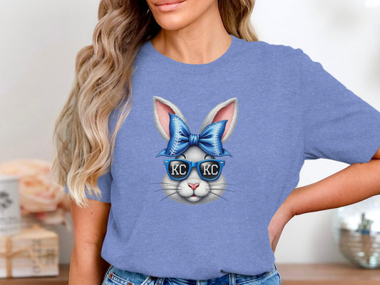 Cute Bunny Graphic Tee, Blue Bunny with Sunglasses Shirt, Trendy Women's T-Shirt, Animal Lover Gift, Fun Casual Wear, Spring Fashion Tee