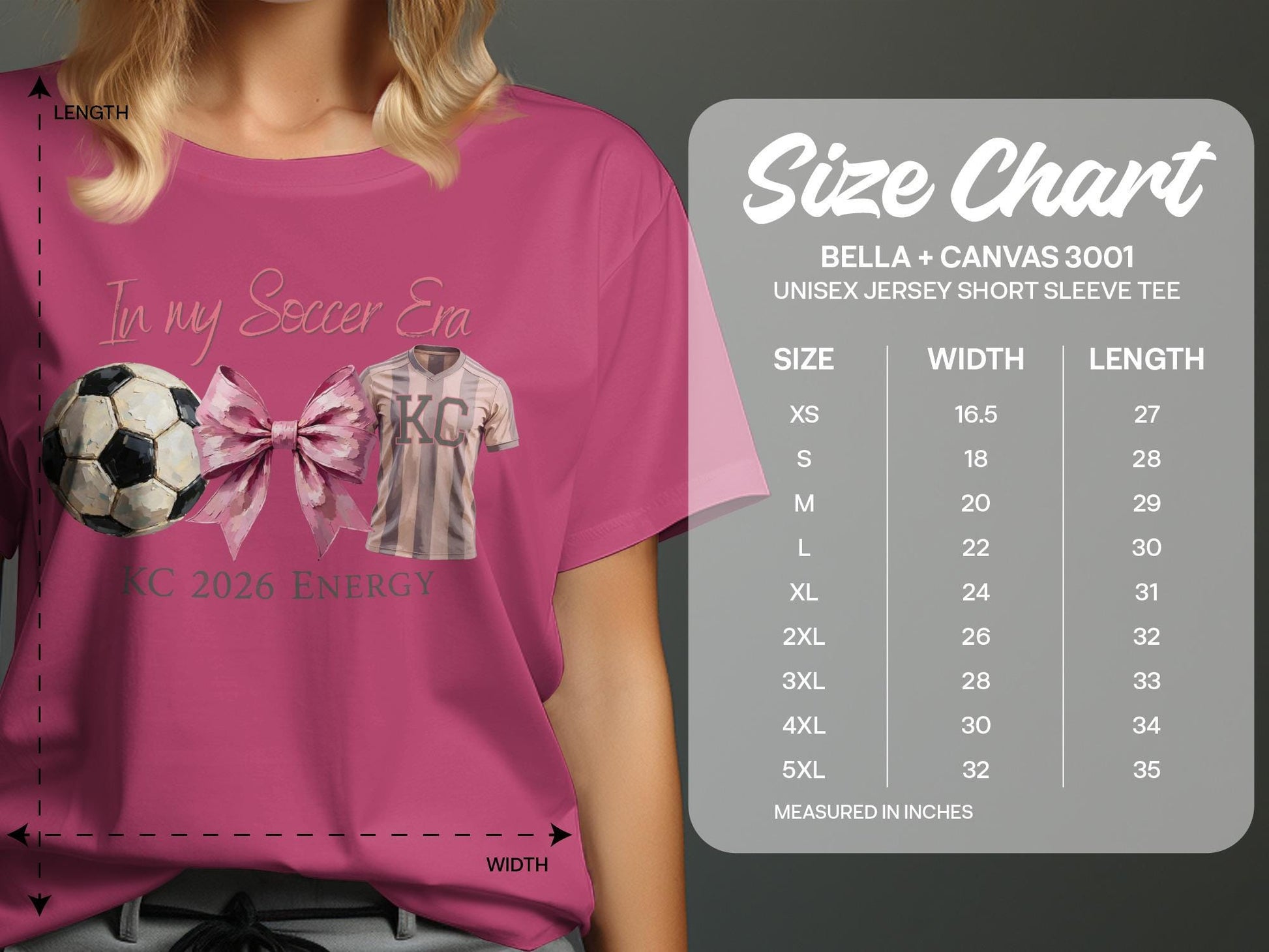 Pink t-shirt with "In my Soccer Era KC 2026 Energy" and size chart.