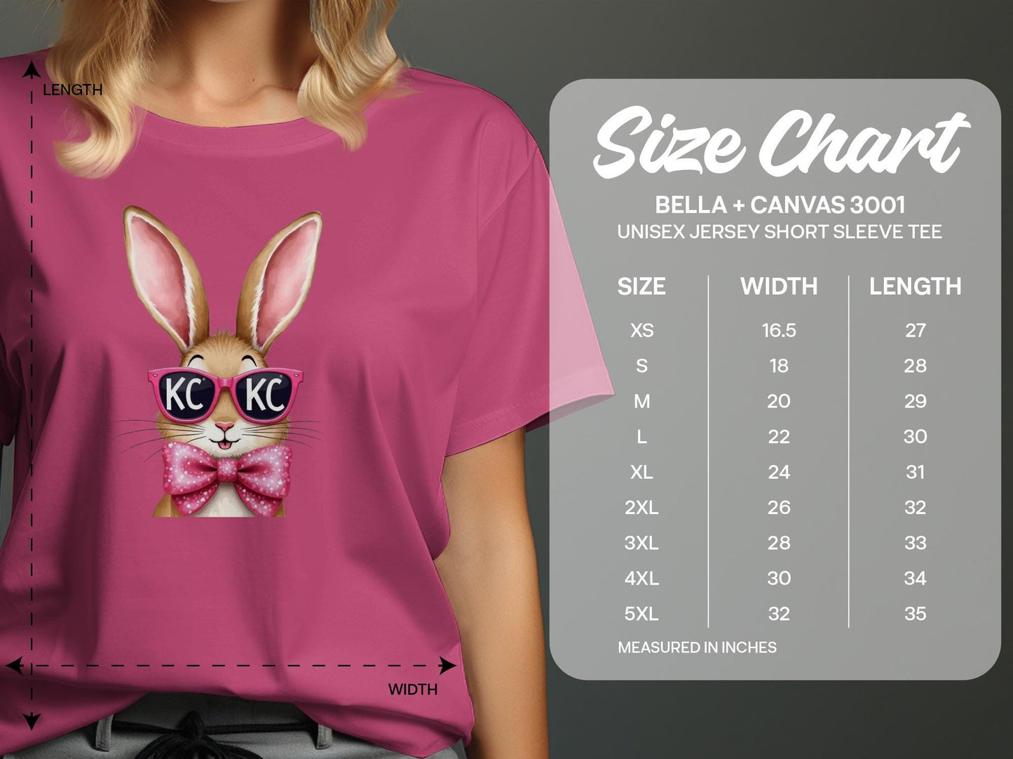 Pink t-shirt with bunny graphic and UNISEX JERSEY SHORT SLEEVE TEE size chart.
