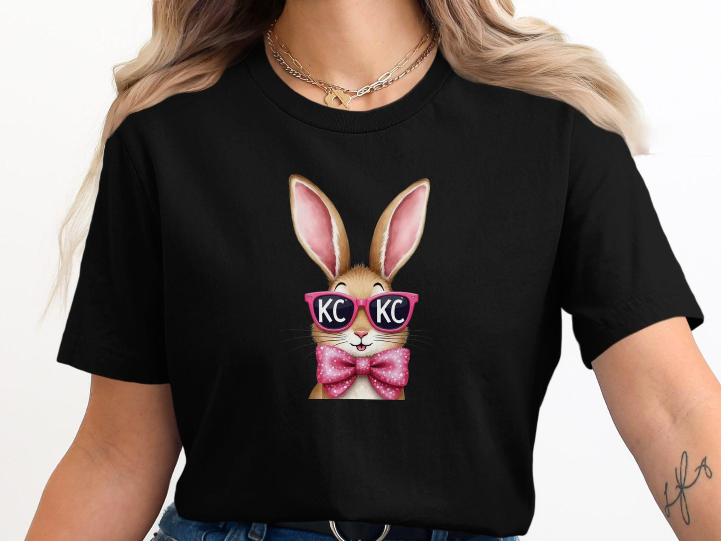 Black t-shirt with pink bow tie bunny wearing sunglasses with "KC" text.