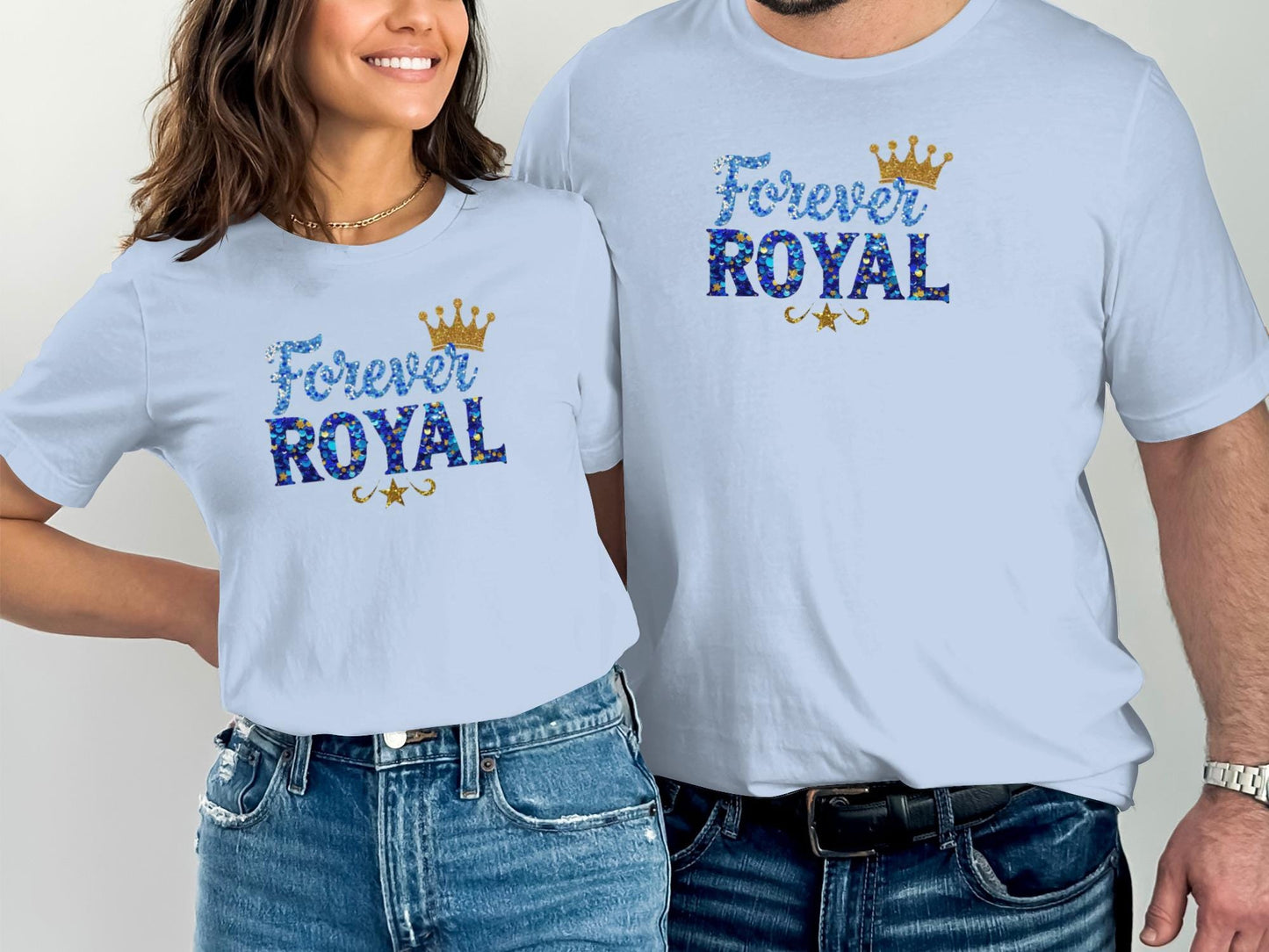 Couple wearing matching blue "Forever Royal" t-shirts with crown graphic.