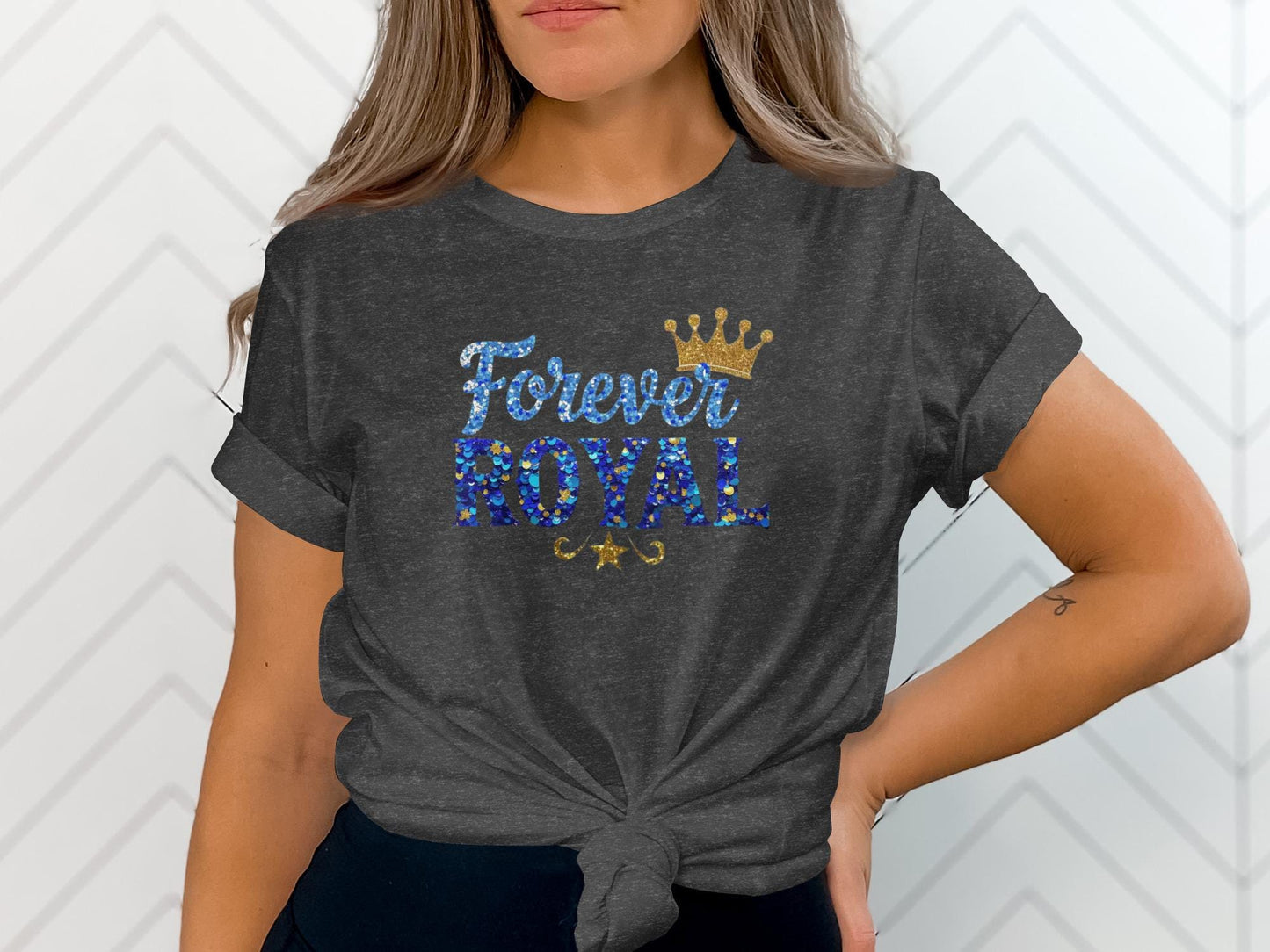 Dark t-shirt with "Forever Royal" text and a crown graphic.