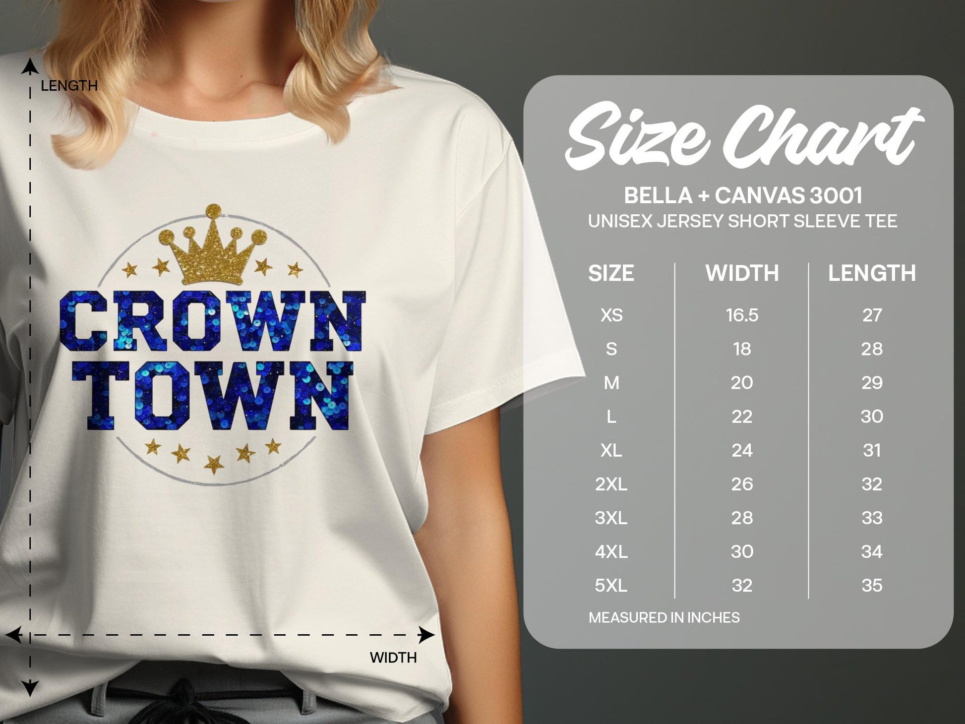 Unisex t-shirt size chart with "Crown Town" graphic and measurement details.