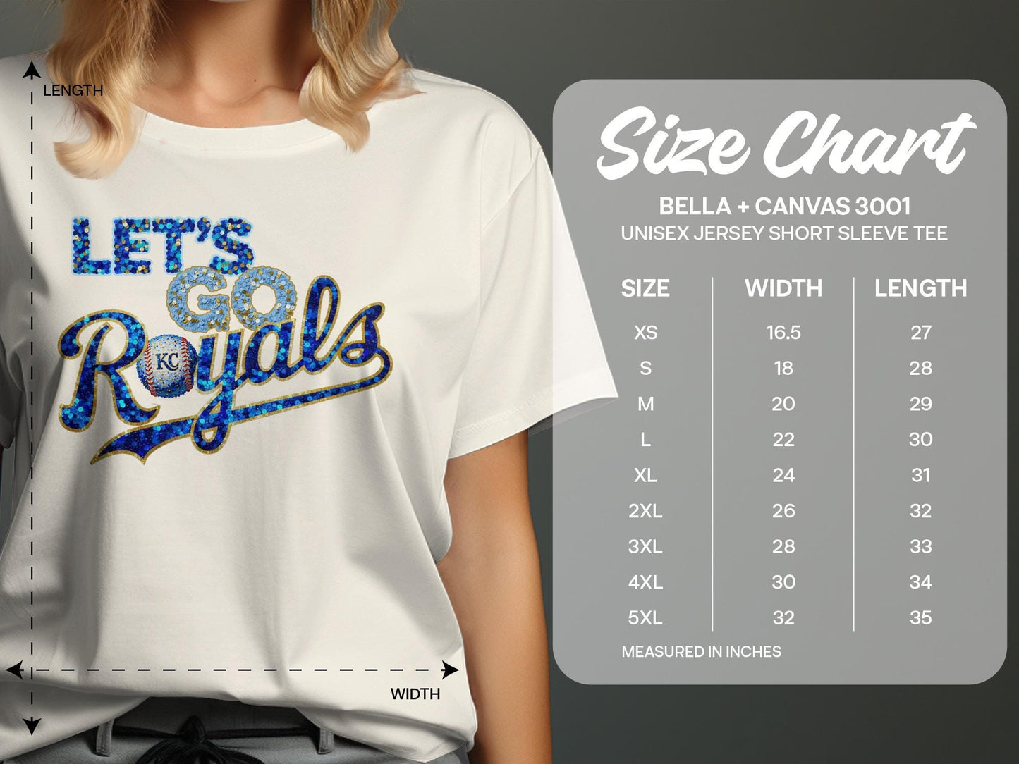 T-shirt with "LET'S GO Royals" graphic and size chart.