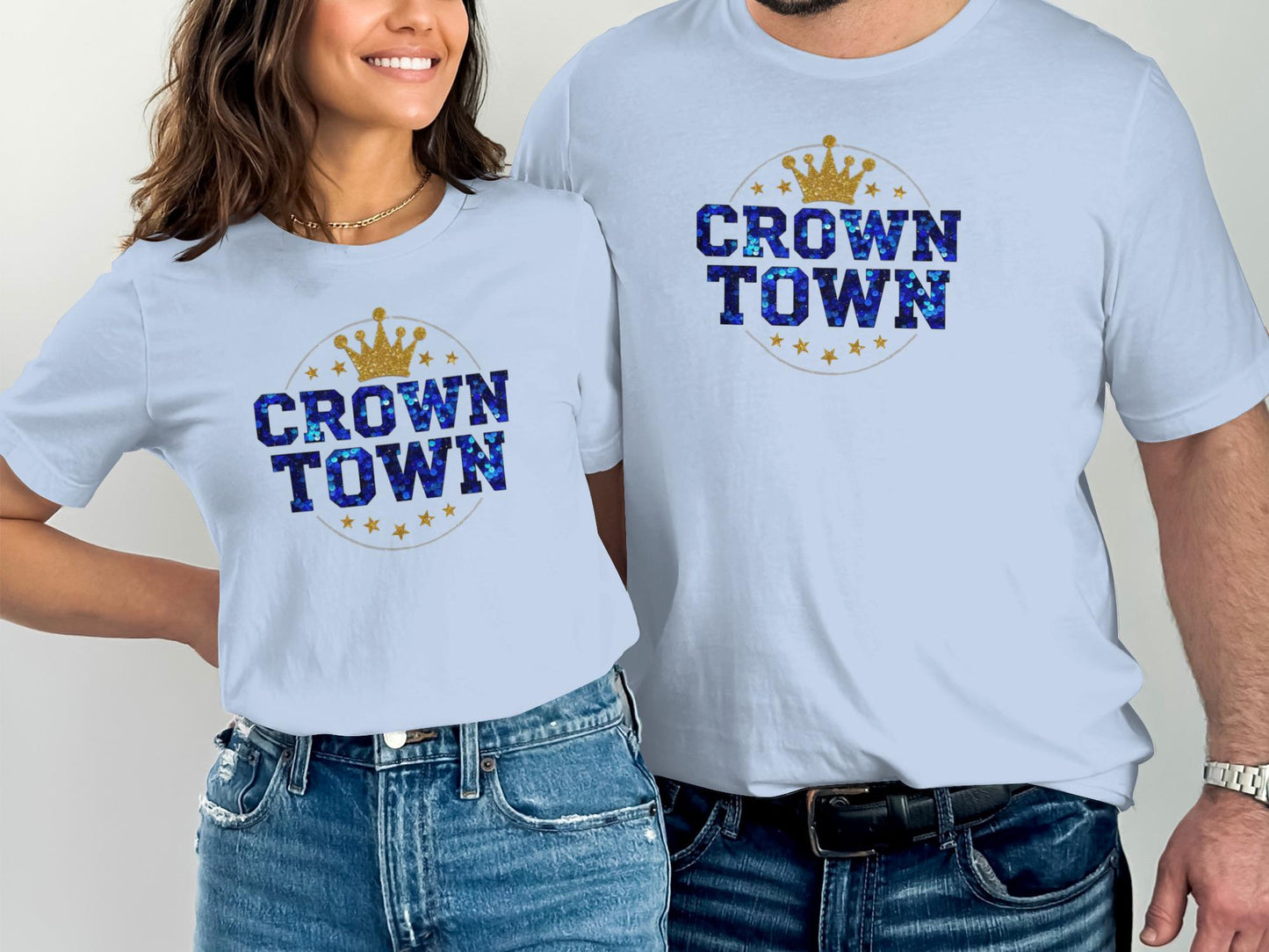 Light blue t-shirts with "CROWN TOWN" graphic and gold crowns.