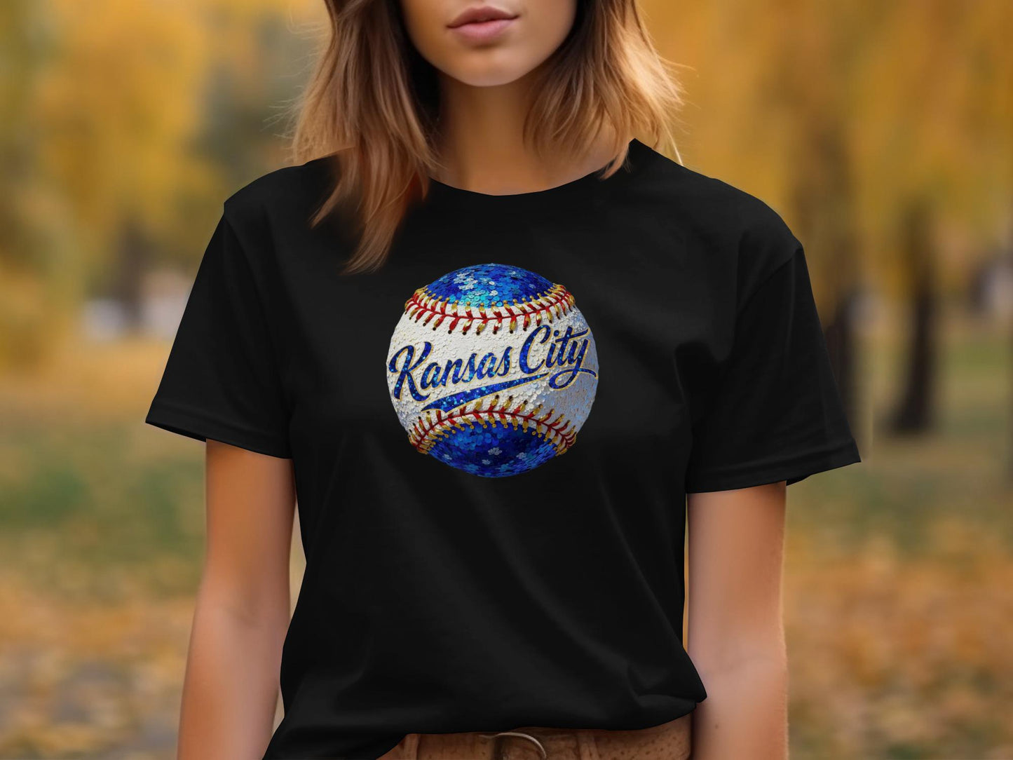 Black t-shirt with Kansas City baseball graphic.
