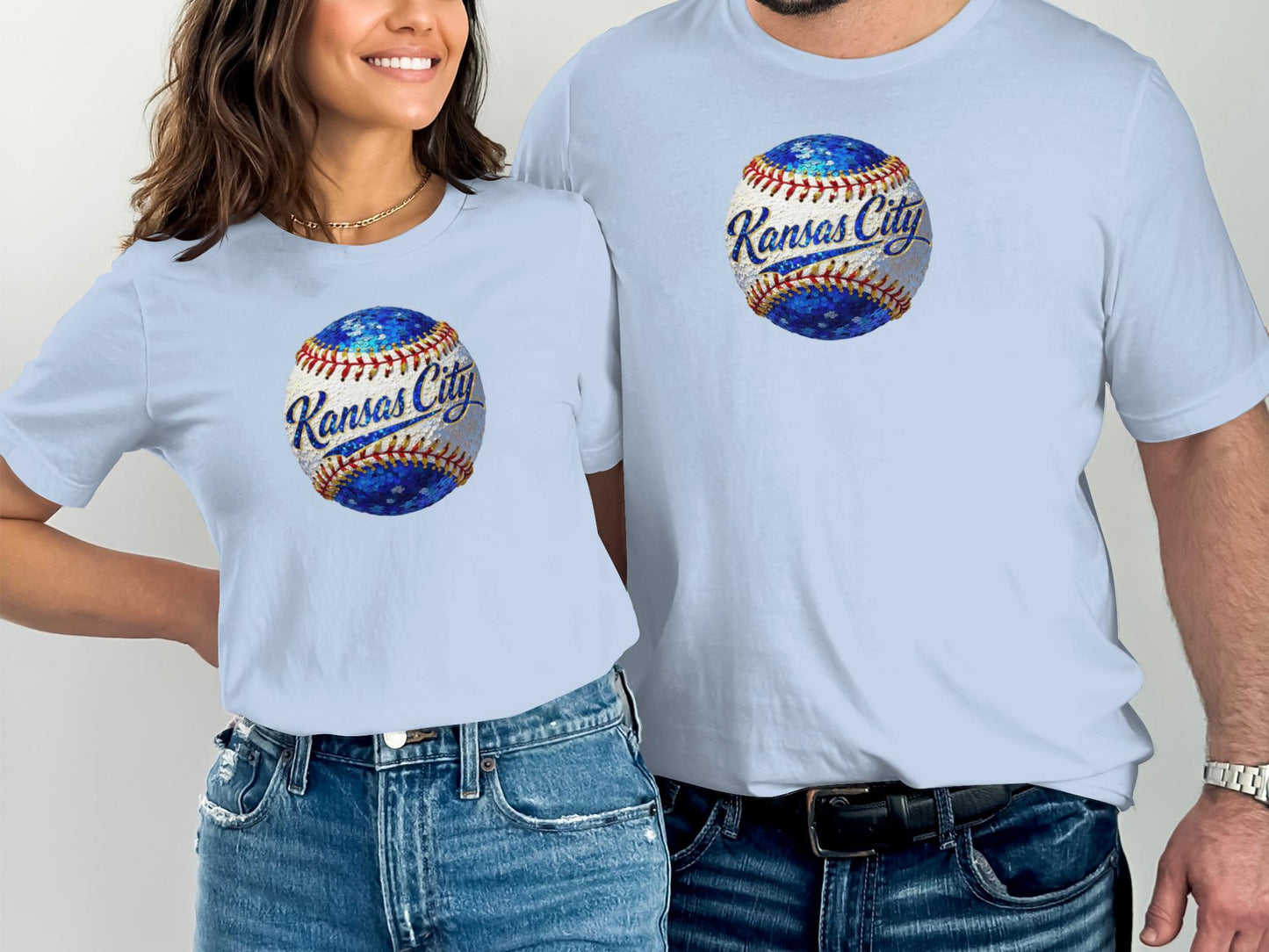 Light blue t-shirts with "Kansas City" baseball graphic on chest