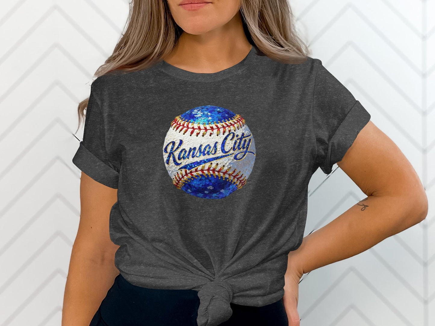 Dark gray t-shirt with a distressed Kansas City baseball graphic.
