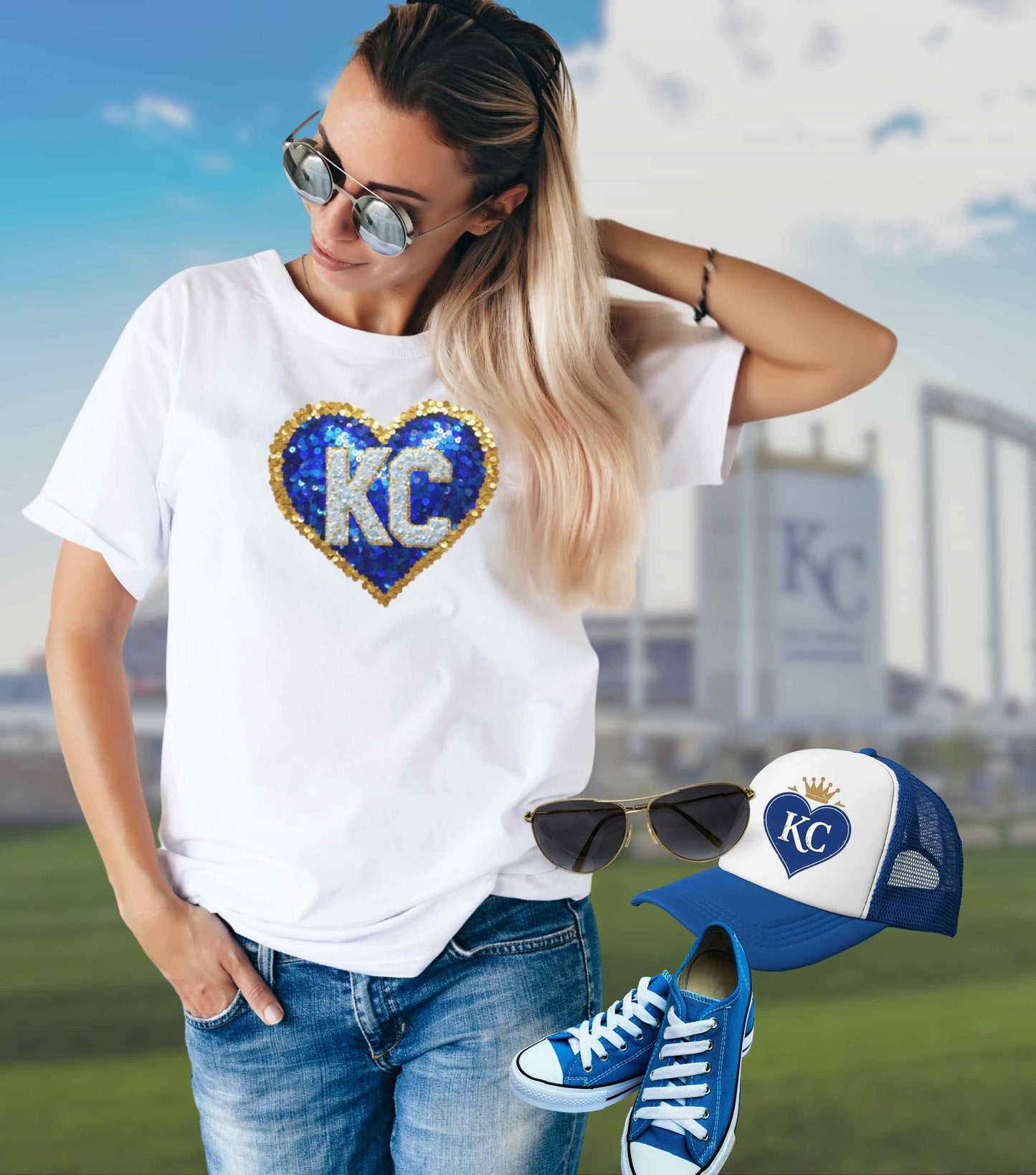 Kansas City Royal Heart TShirt, Kansas City Baseball Faux Sequin Sparkle Game Day Outfit Fan Favorite Apparel Cute Sports Shirt Women