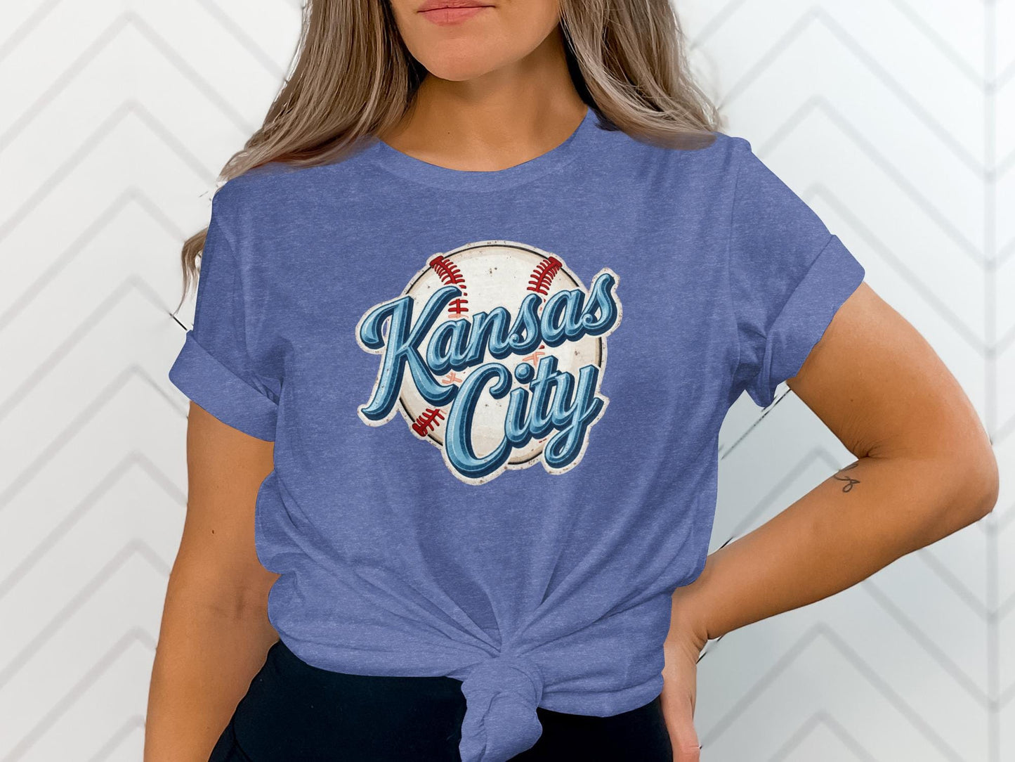 Blue t-shirt with "Kansas City" in a retro baseball design.
