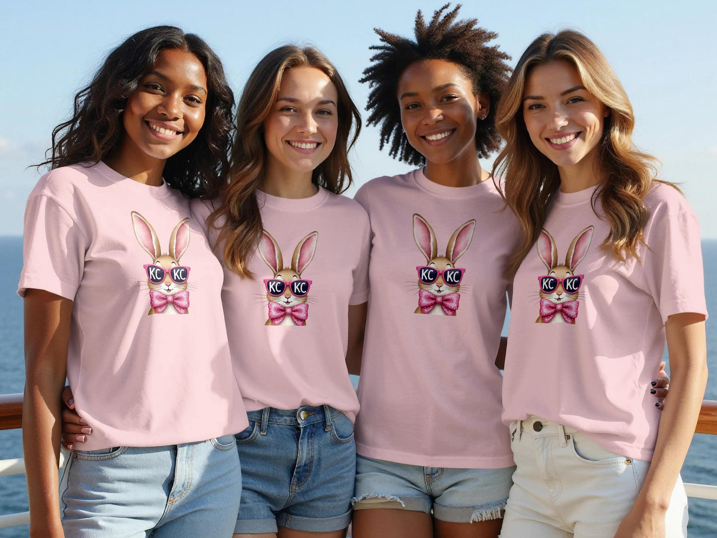 Four smiling young women wearing pink bunny t-shirts with "KC" on them.