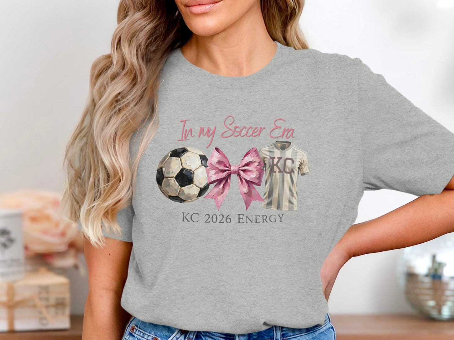 "In My Soccer Era" text with soccer ball, pink bow, and KC 2026 Energy jersey.
