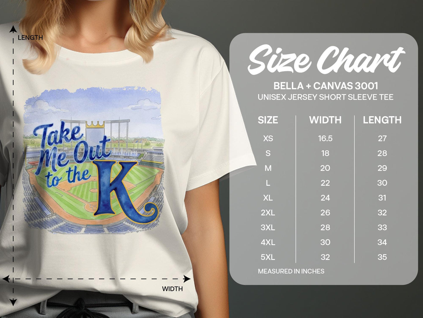 T-shirt with "Take Me Out to the K" graphic and size chart.