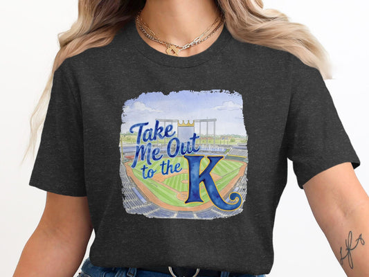 Dark t-shirt with Kansas City Royals stadium and "Take Me To The K" text.