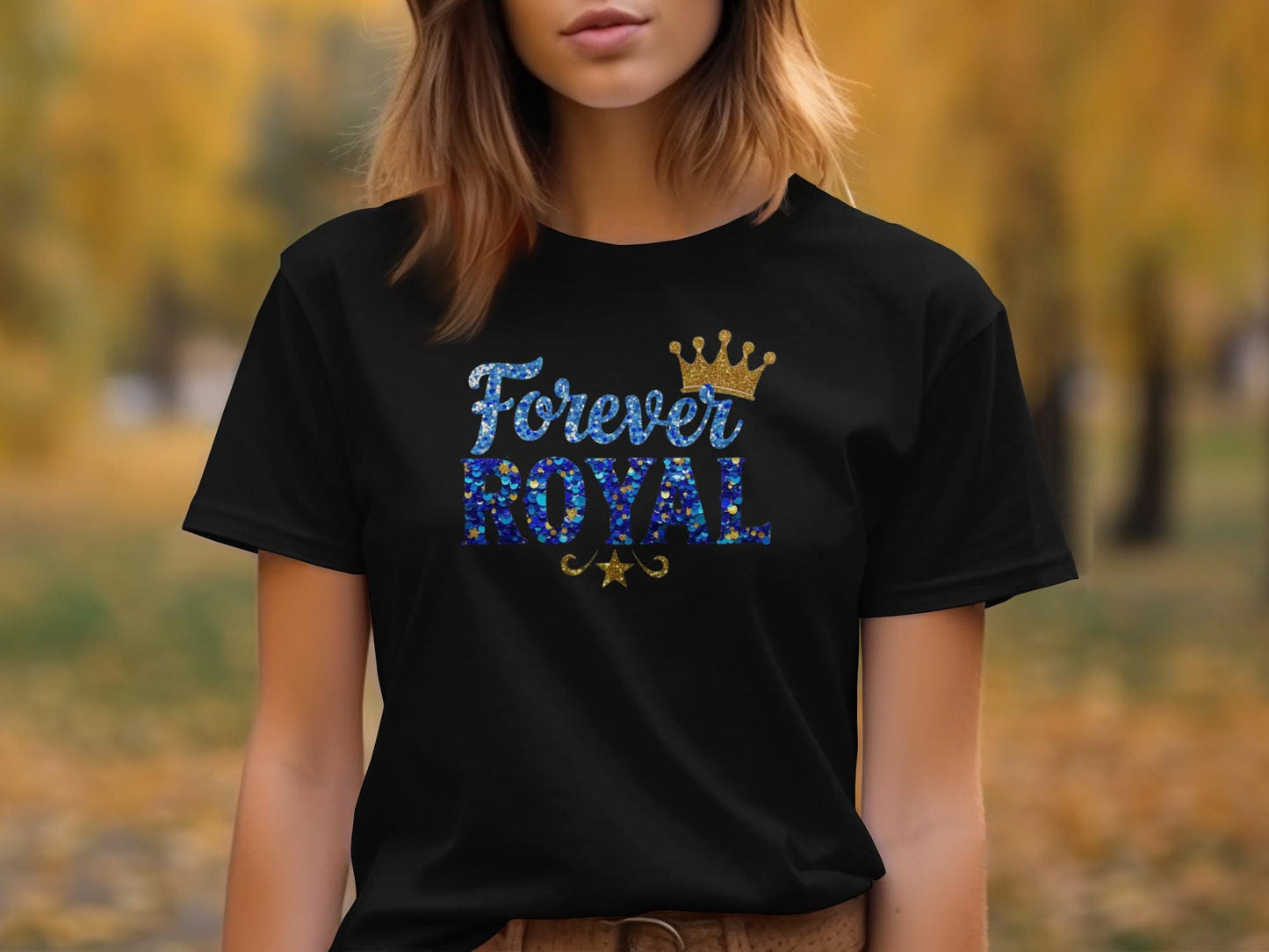 Black t-shirt with "Forever Royal" text and a gold crown design.