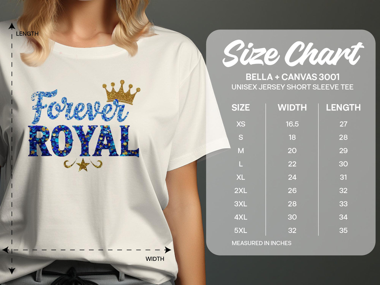 Bella + Canvas size chart with royal crown graphic on a t-shirt.