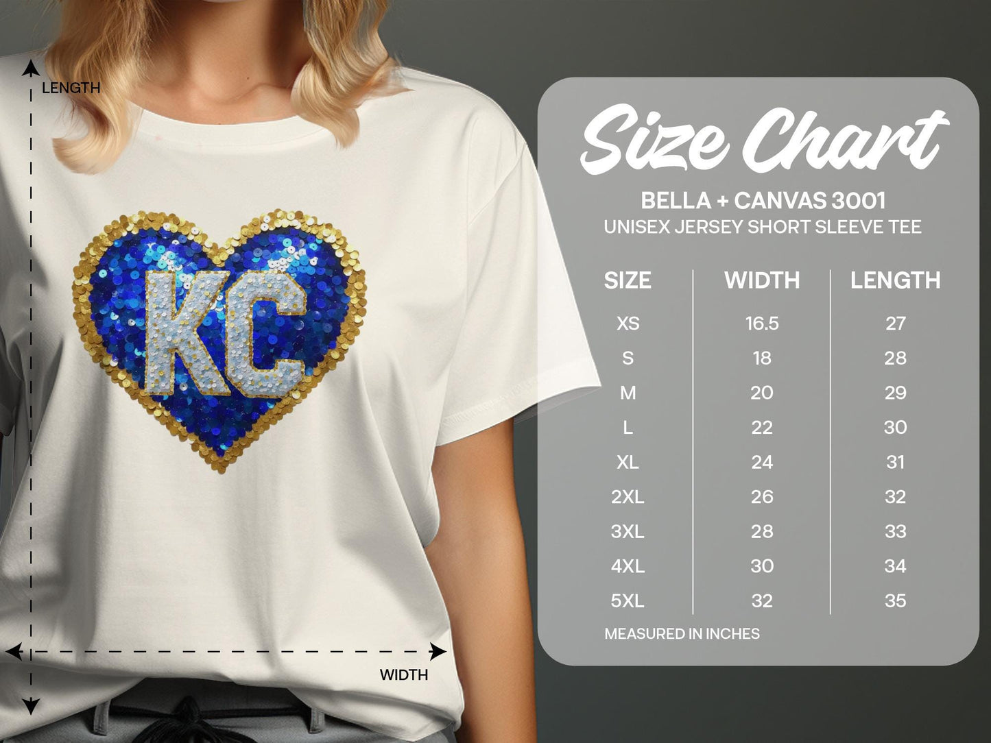 White t-shirt with blue and gold sequin KC logo and size chart.