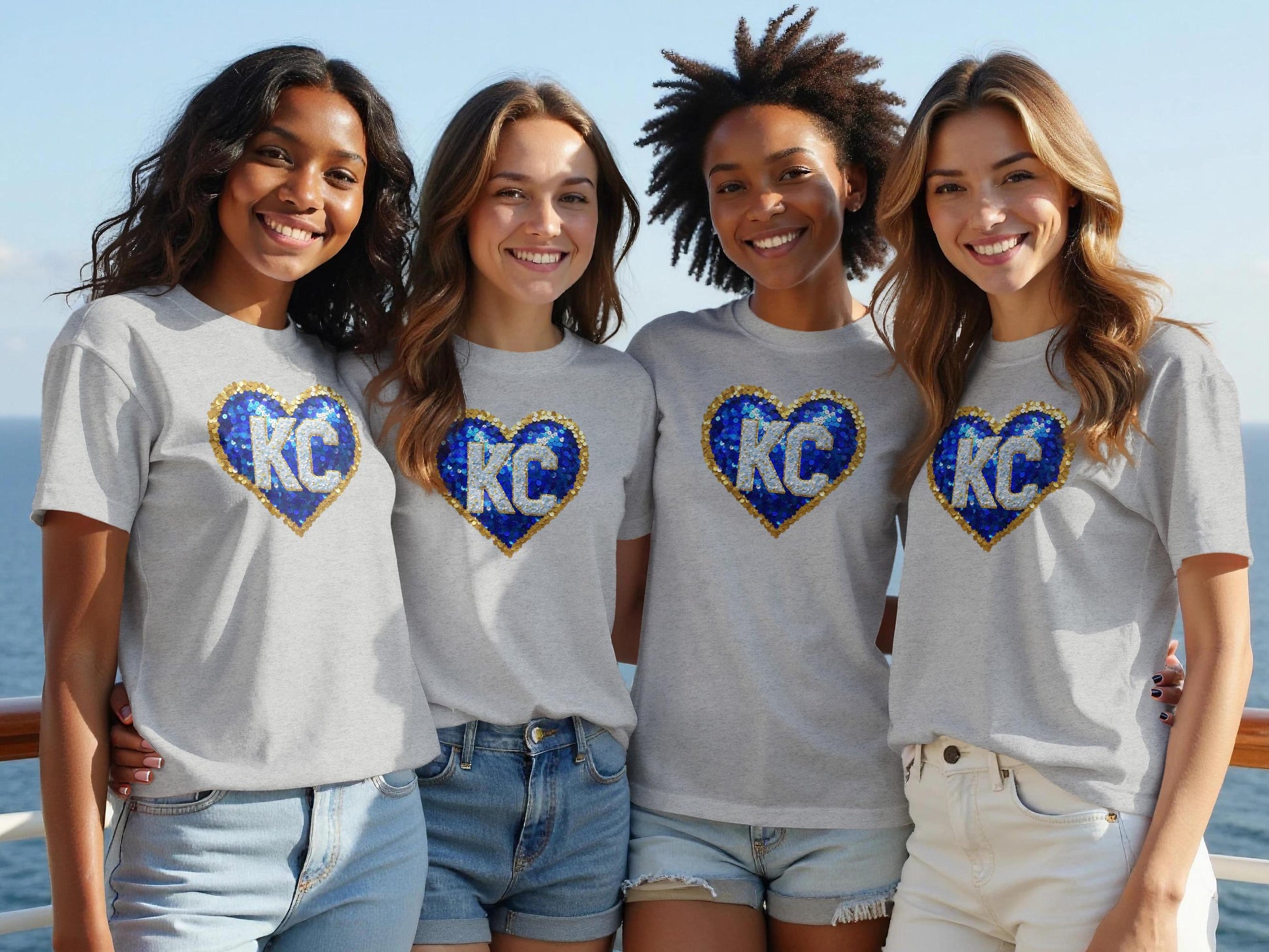 Four young women wear gray t-shirts with blue sequined KC heart logos.