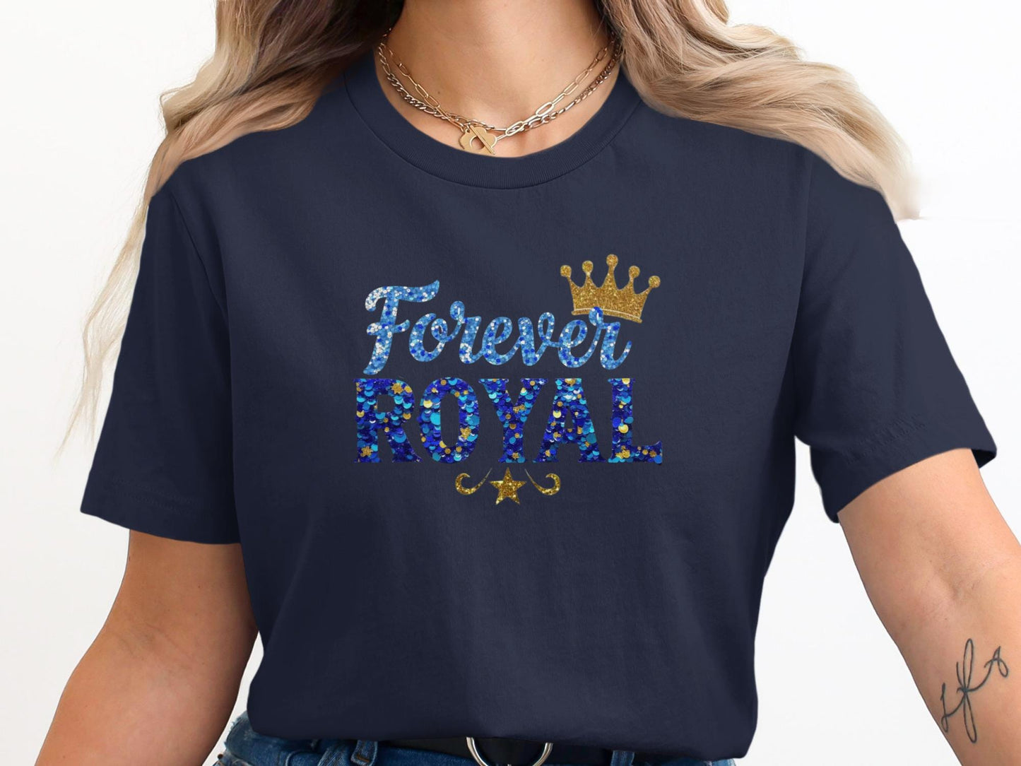 Navy t-shirt with "Forever Royal" and a crown in glitter.