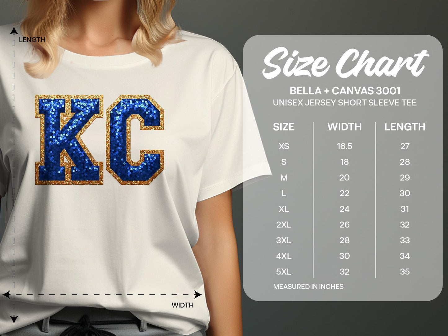 Size chart for Bella + Canvas 3001 unisex short sleeve tee.