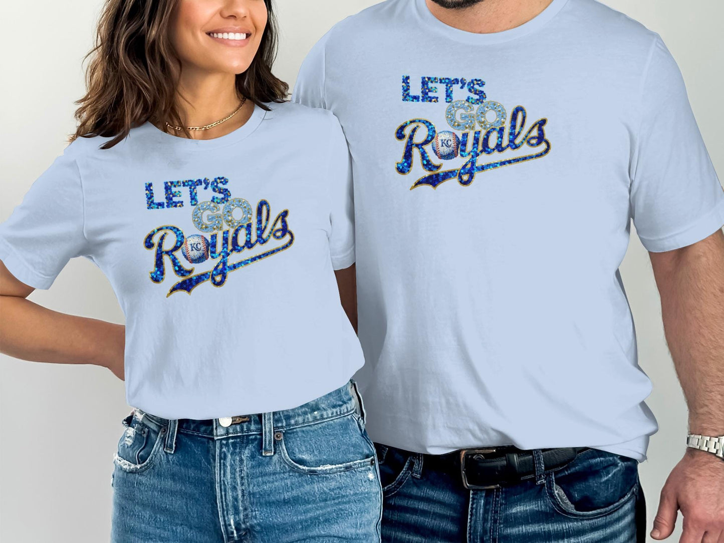 Light blue t-shirts with "Let's Go Royals" and baseball graphic.