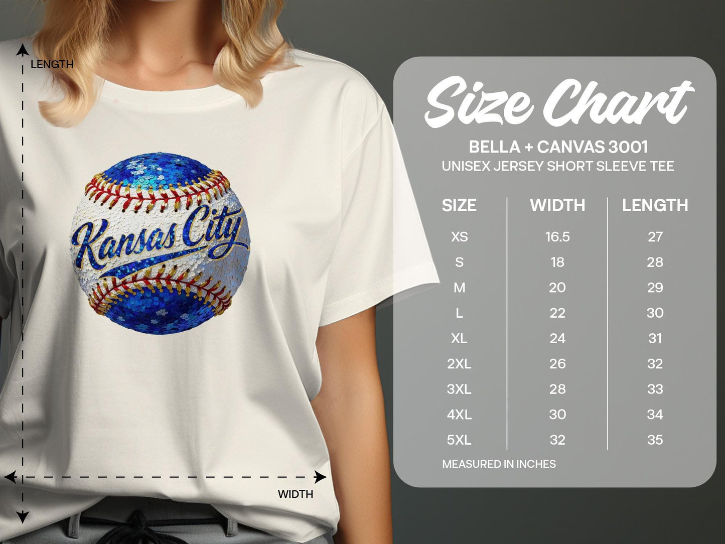 T-shirt with Kansas City baseball graphic and size chart.