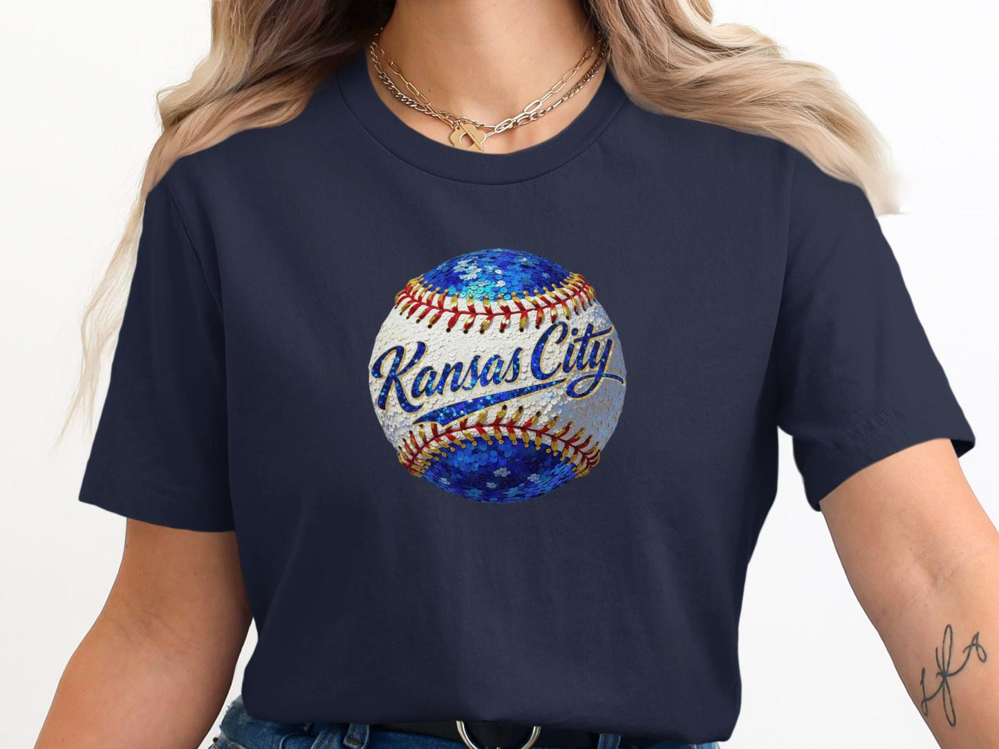 Navy t-shirt featuring a baseball with "Kansas City" written in blue and white lettering.