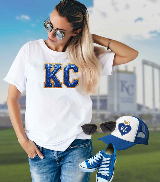 Kansas City KC Shirt Faux Sequin Sparkle KC Letters Tee Game Day Outfit Baseball Fan Apparel Cute KC Sports Shirt Women