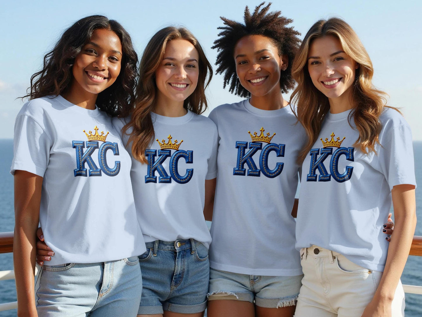 Four women in light blue t-shirts with a "KC" crown logo.