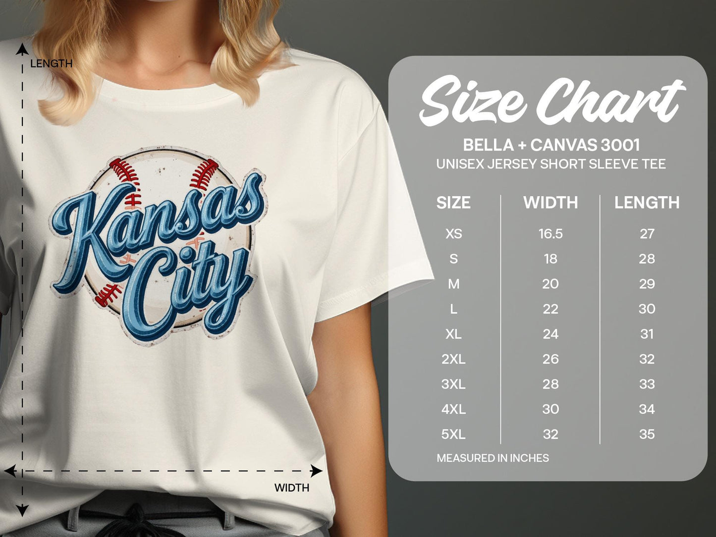 Kansas City graphic tee size chart with measurements.