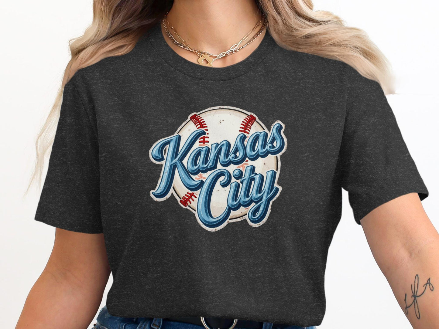 Dark t-shirt with a distressed baseball graphic and "Kansas City" text.
