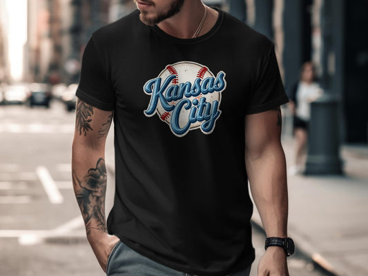 Black t-shirt with "Kansas City" baseball graphic.