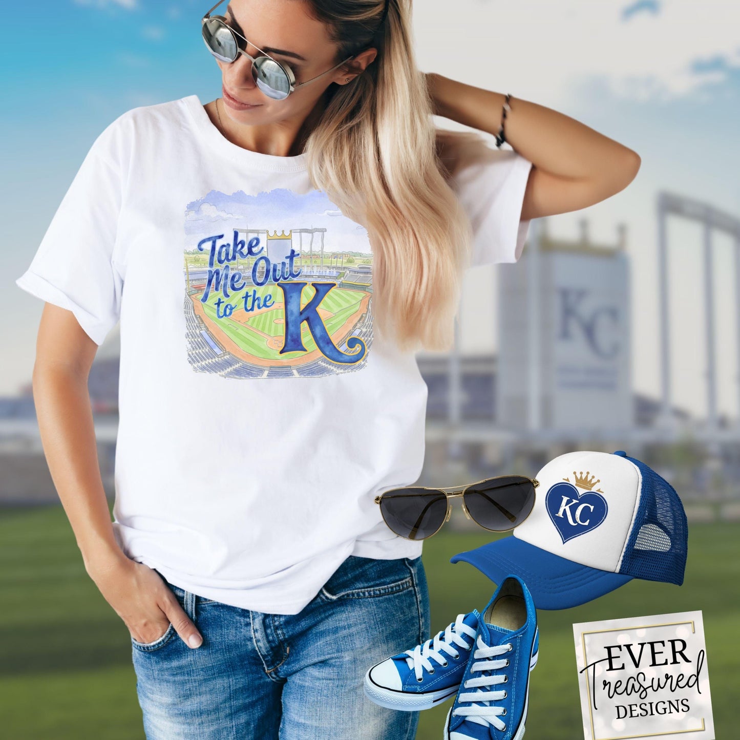White t-shirt with "Take Me To The K" text and Kansas City Royals logo.