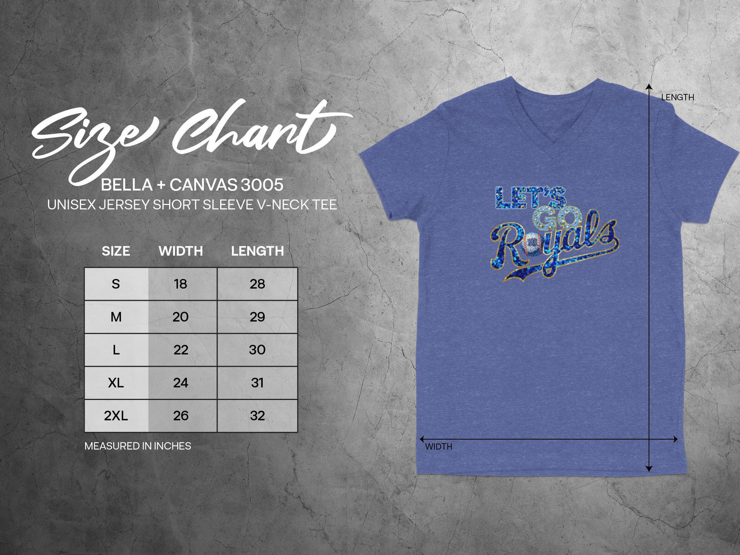 Bella + Canvas 3005 unisex v-neck tee size chart with width and length measurements.