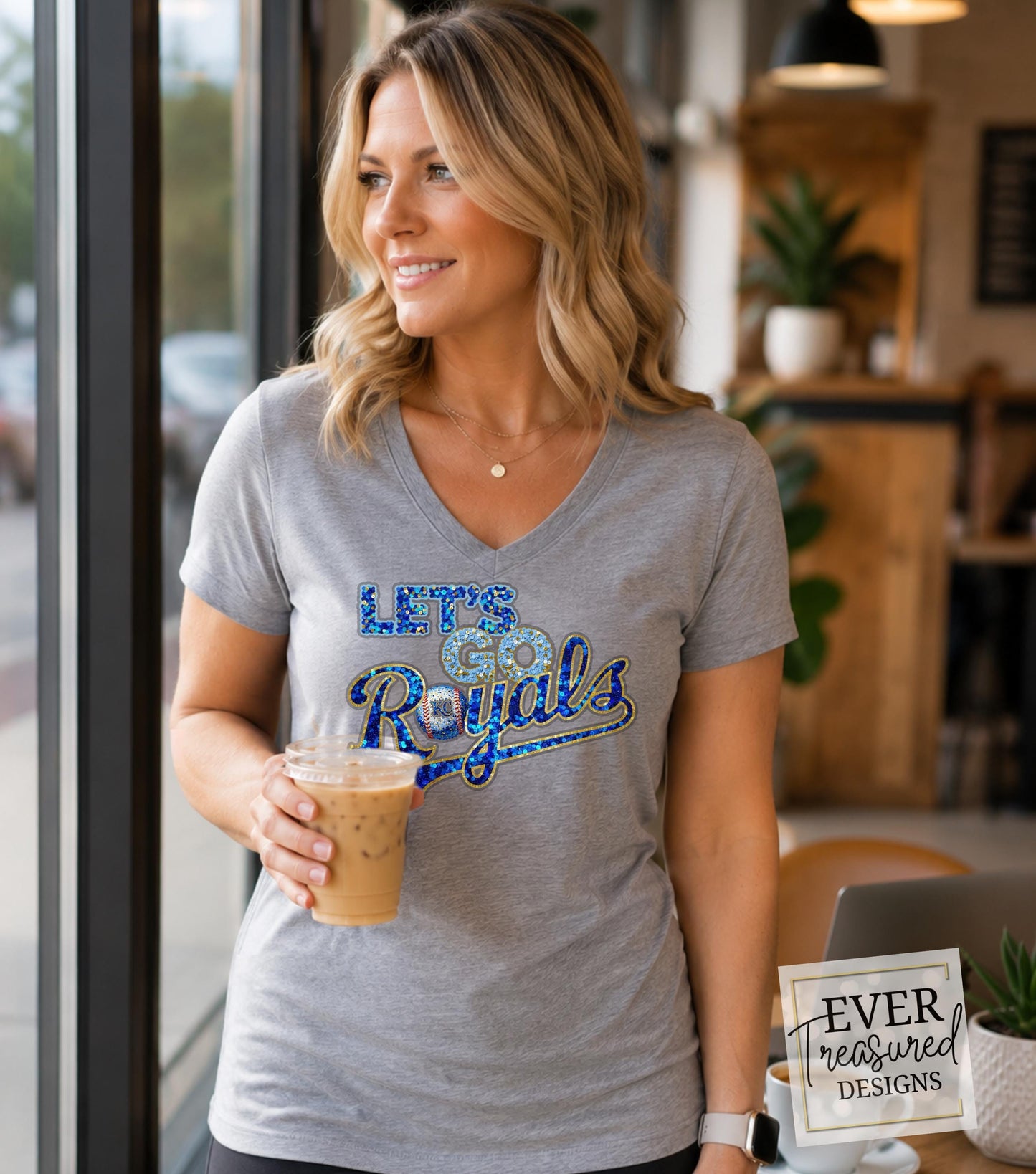 KC Baseball Fan V-Neck Shirt, Royal Blue Game Day Tee, Kansas City Sports Team Apparel, Faux Sequin Stadium Shirt