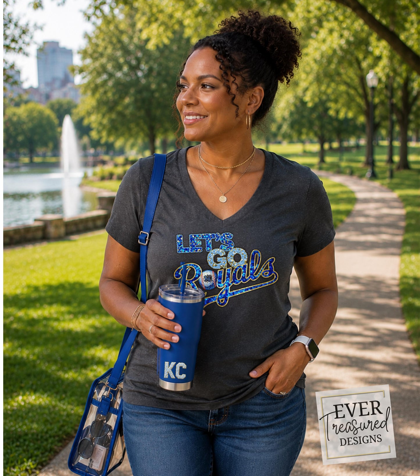 KC Baseball Fan V-Neck Shirt, Royal Blue Game Day Tee, Kansas City Sports Team Apparel, Faux Sequin Stadium Shirt