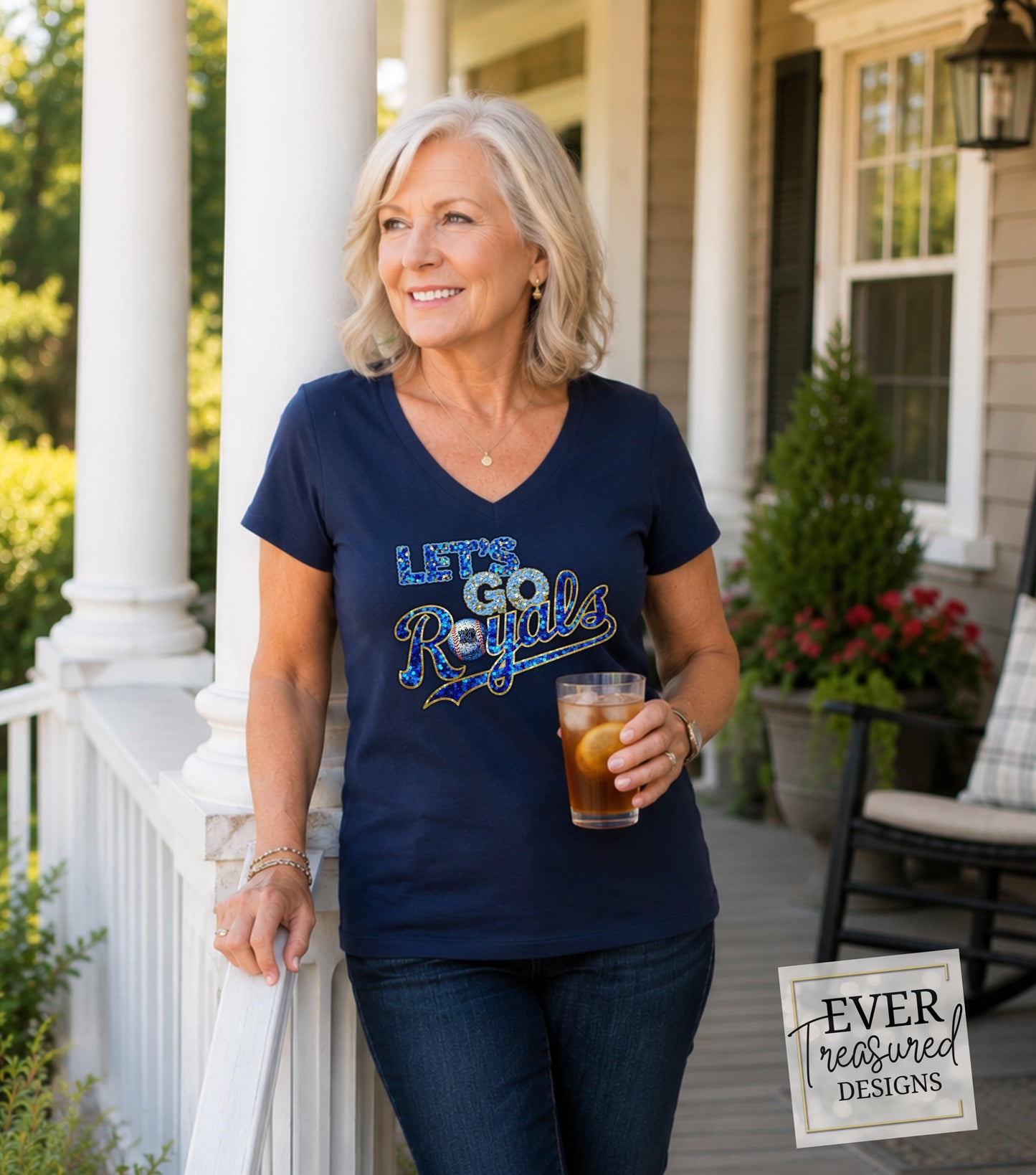 KC Baseball Fan V-Neck Shirt, Royal Blue Game Day Tee, Kansas City Sports Team Apparel, Faux Sequin Stadium Shirt