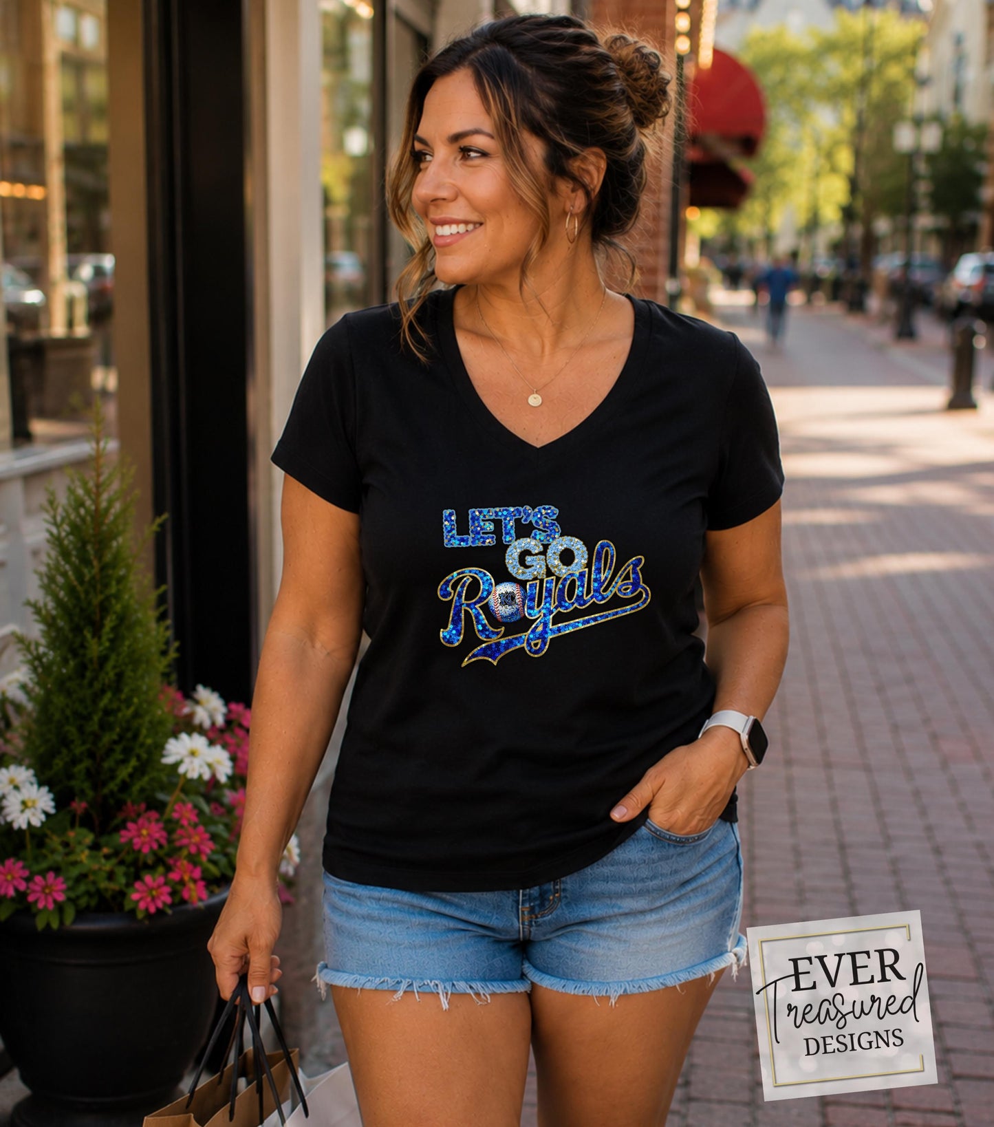 KC Baseball Fan V-Neck Shirt, Royal Blue Game Day Tee, Kansas City Sports Team Apparel, Faux Sequin Stadium Shirt