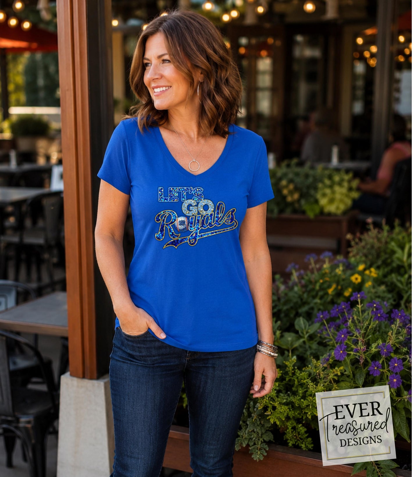 KC Baseball Fan V-Neck Shirt, Royal Blue Game Day Tee, Kansas City Sports Team Apparel, Faux Sequin Stadium Shirt