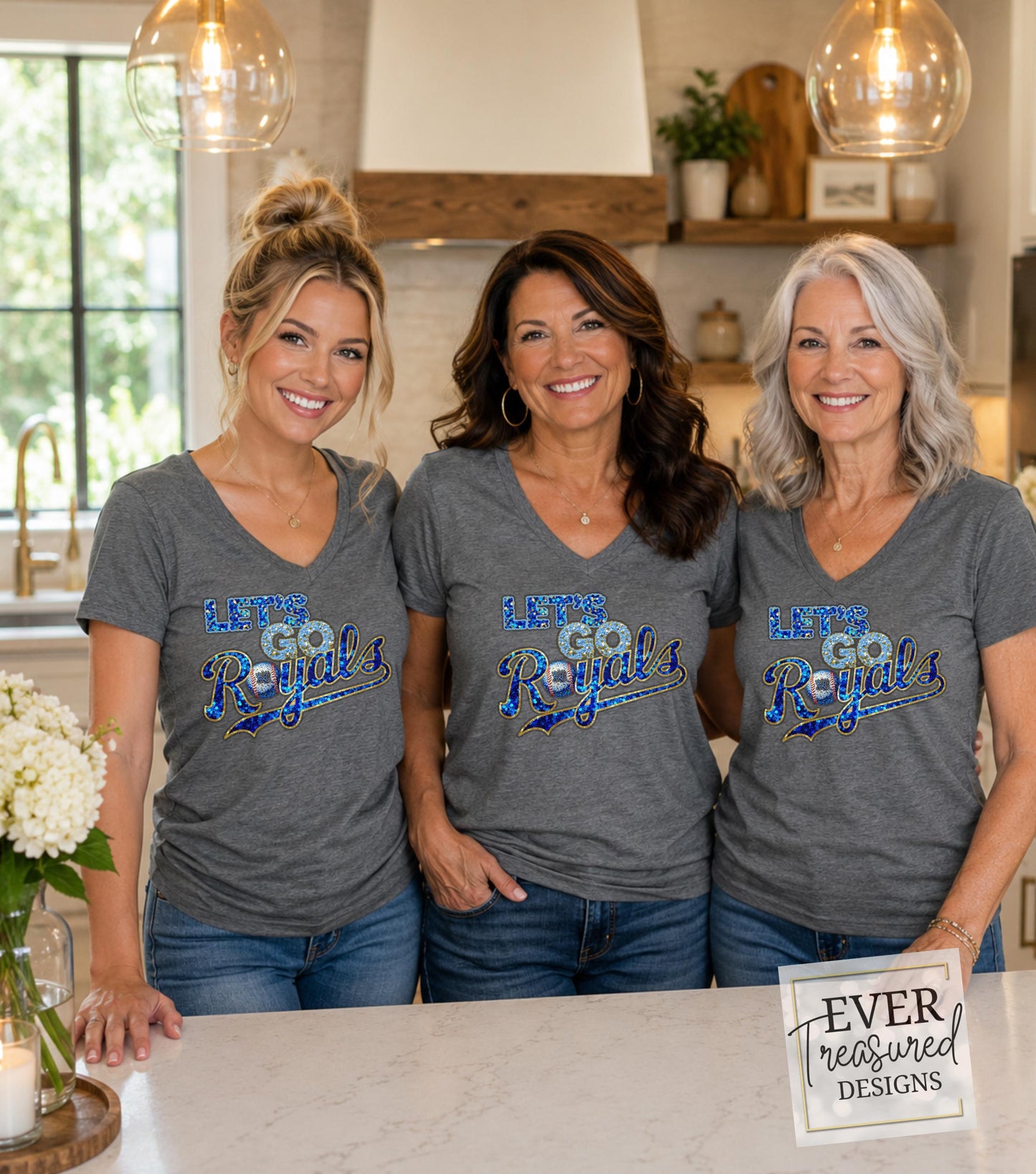 KC Baseball Fan V-Neck Shirt, Royal Blue Game Day Tee, Kansas City Sports Team Apparel, Faux Sequin Stadium Shirt