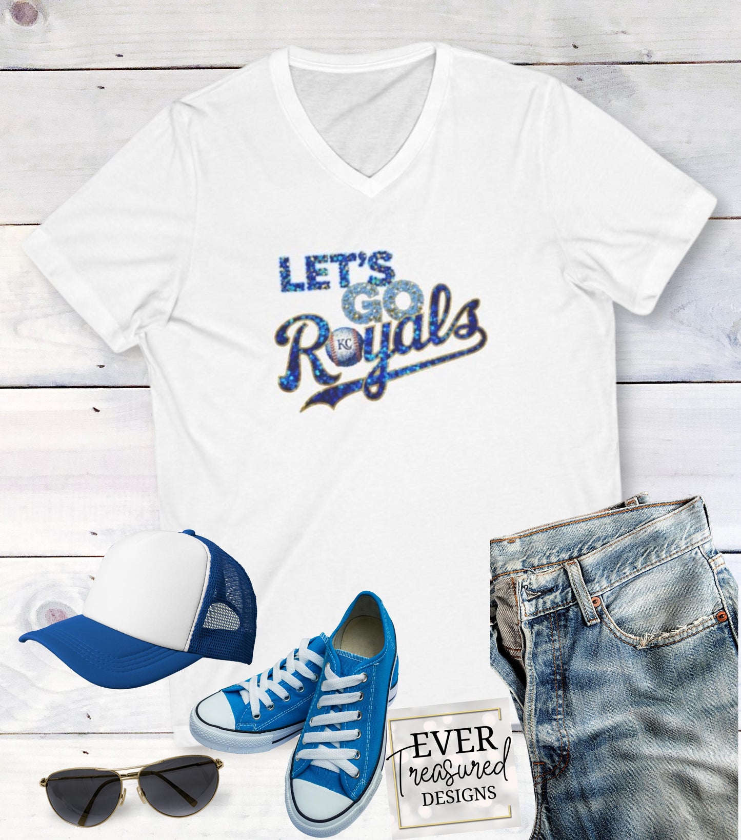 KC Baseball Fan V-Neck Shirt, Royal Blue Game Day Tee, Kansas City Sports Team Apparel, Faux Sequin Stadium Shirt