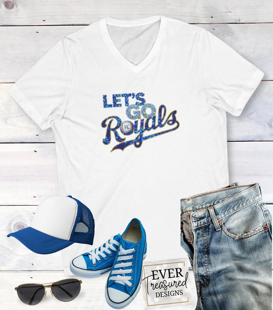 KC Baseball Fan V-Neck Shirt, Royal Blue Game Day Tee, Kansas City Sports Team Apparel, Faux Sequin Stadium Shirt