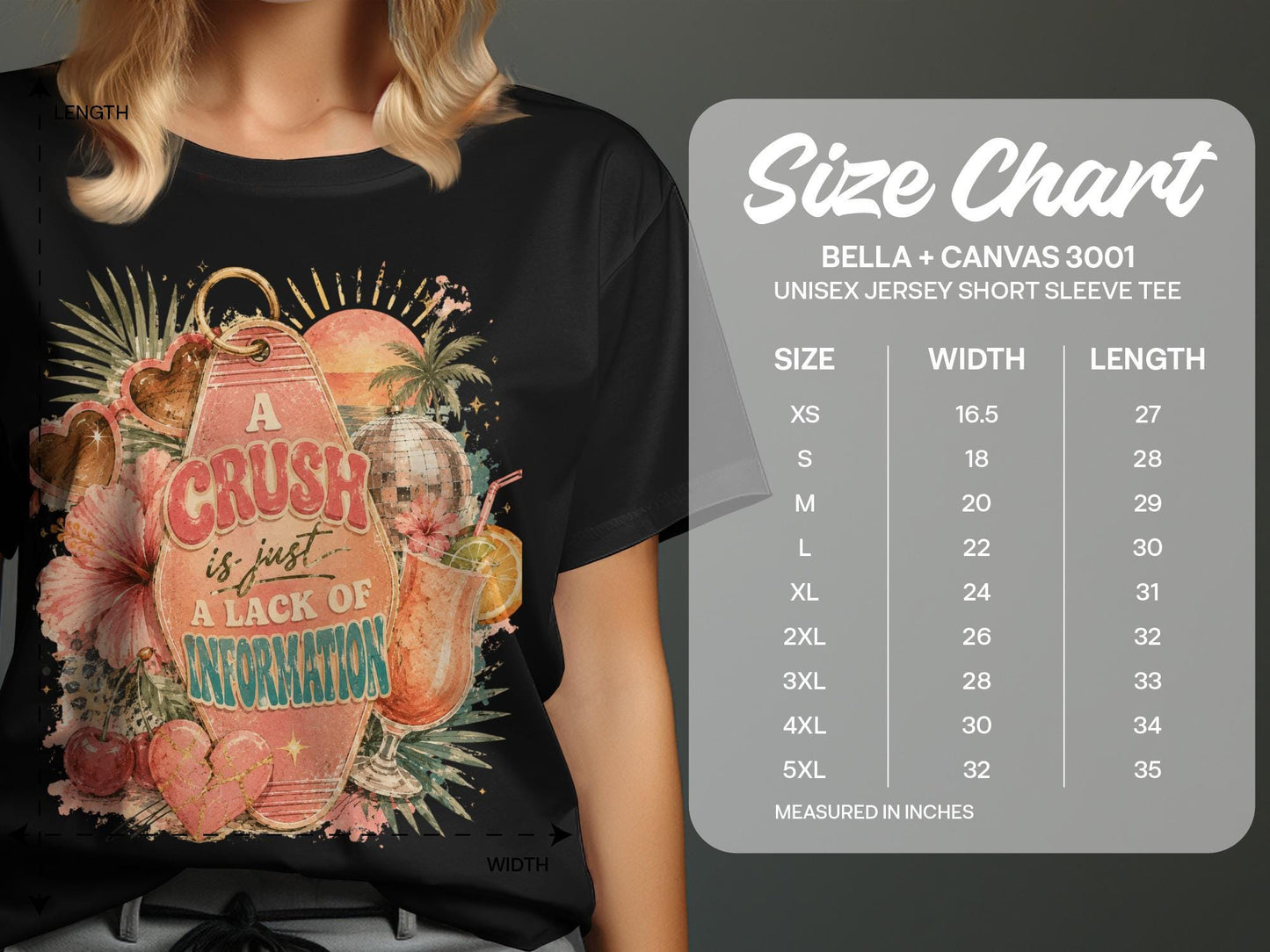 Black t-shirt with "A Crush is just a Lack of Information" graphic and size chart.