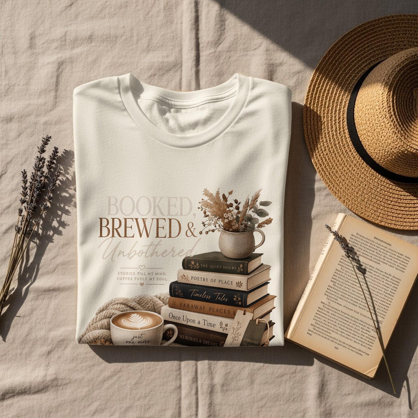 White t-shirt with "Booked, Brewed & Unbothered" text, books, coffee, and hat.