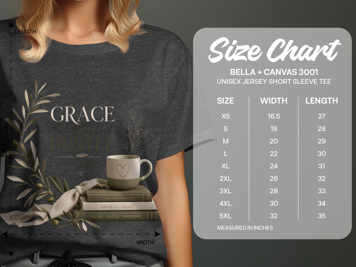 Bella + Canvas 3001 size chart for unisex jersey short sleeve tee measured in inches.