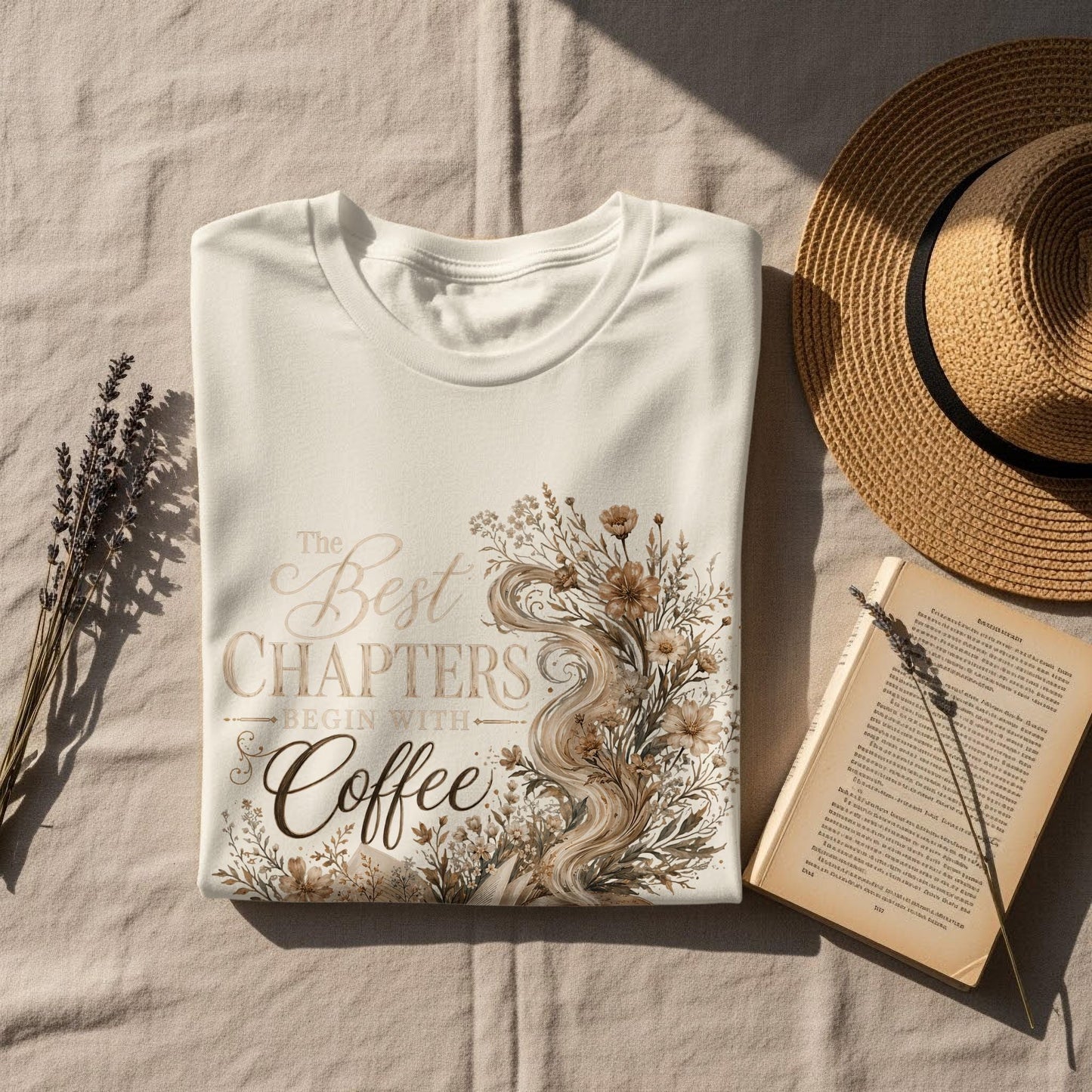 Cream t-shirt with "The Best Chapters Begin With Coffee" text and floral design.