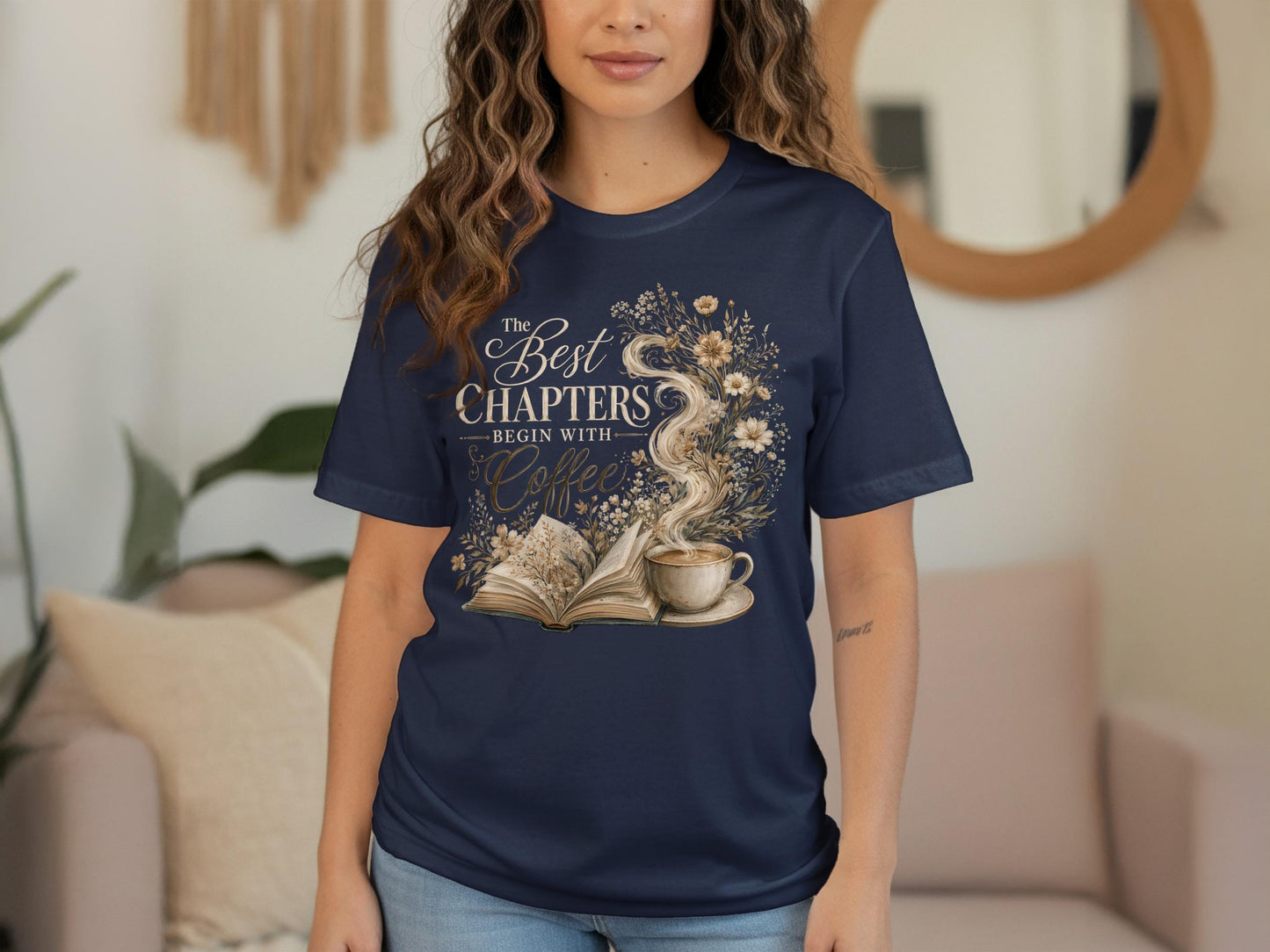 Navy t-shirt with "The Best Chapters Begin with Coffee" book and coffee graphic.