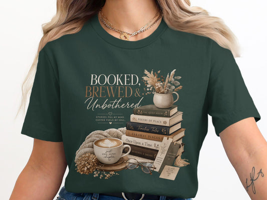 Green t-shirt with "Booked, Brewed & Unbothered" text and book illustration.